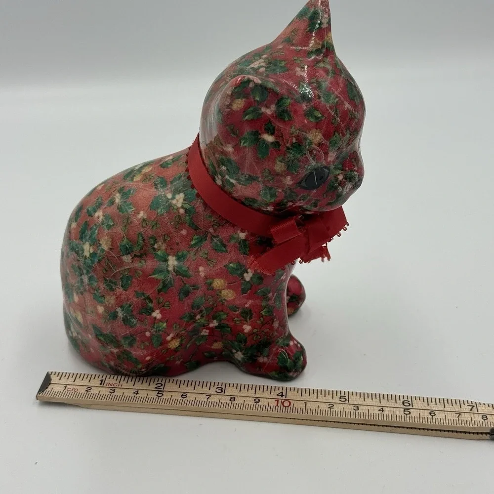 vtg floral cat figurine decoupage fabric Sitting cat statue gorgeous home decor